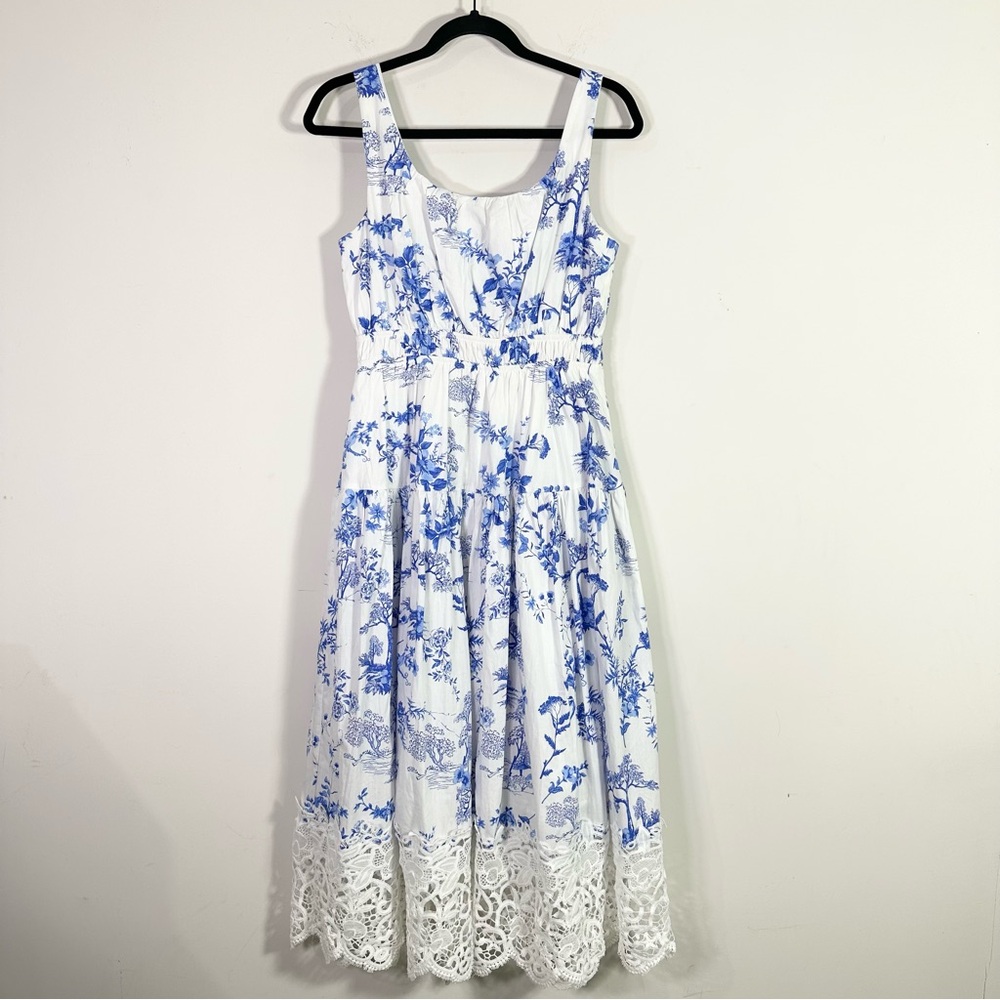 Aqua White Blue Delft Print Sleeveless Scoop Neck A-Line Cotton Midi Dress - Picture 6 of 7